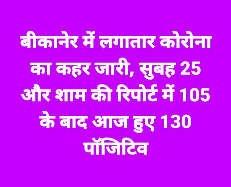 बीकानेर में लगातार कोरोना का कहर जारी, शाम की रिपोर्ट में 105 के बाद आज हुए 130 पॉजिटिव